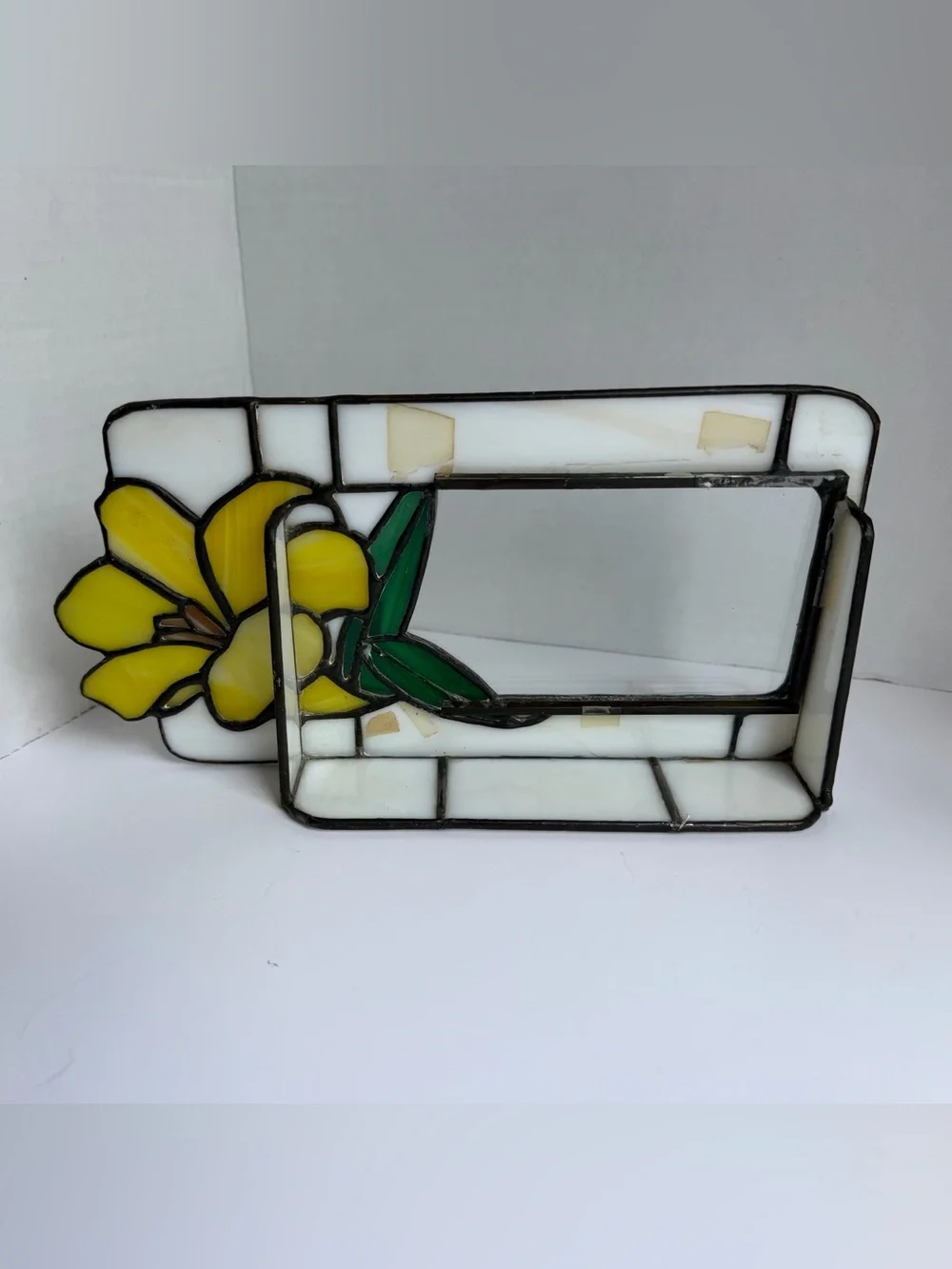 Stained Glass Tiffany Style Photo Frame 3x5 Lily Flower Floral White Yellow Vtg
